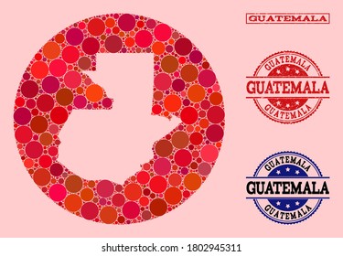 Vector map of Guatemala collage of circle spots and red watermark seal stamp. Hole circle map of Guatemala collage designed with circles in variable sizes, and red color tones.