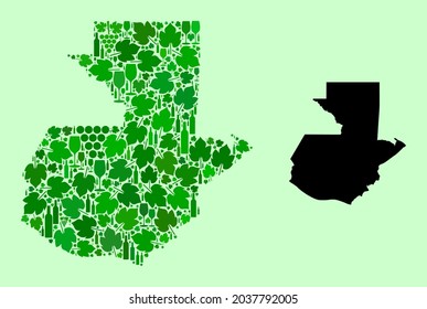 Vector Map of Guatemala. Collage of green grape leaves, wine bottles. Map of Guatemala collage composed from bottles, berries, green leaves. Abstract collage is designed for wine production doctrines.