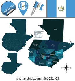 Vector map of Guatemala with named departments and travel icons