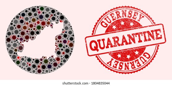 Vector map of Guernsey Island collage of covid-2019 virus and red grunge quarantine seal. Infection cells around the quarantine territory from external zone.
