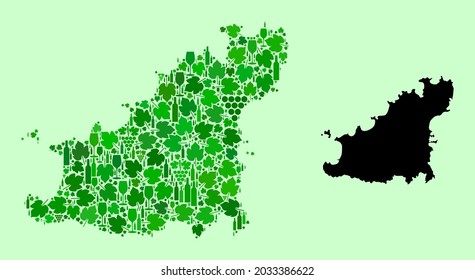 Vector Map of Guernsey Island. Mosaic of green grapes, wine bottles. Map of Guernsey Island mosaic designed with bottles, grapes, green leaves. Abstract mosaic designed for bars propaganda.