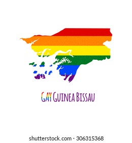 Vector map of Guinea Bissau in LGBT (lesbian, gay, bisexual, and transgender) flag colors and GAY Guinea Bissau caption on white background. Rainbow flag with denim textile texture.
