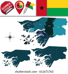 Vector map of Guinea Bissau with named regions and travel icons
