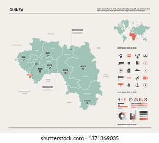 Vector map of Guinea.  High detailed country map with division, cities and capital Conakry. Political map,  world map, infographic elements.