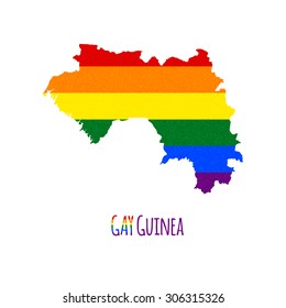 Vector map of Guinea in LGBT (lesbian, gay, bisexual, and transgender) flag colors and GAY Guinea caption on white background. Rainbow flag with denim textile texture.