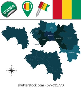 Vector map of Guinea with named regions and travel icons