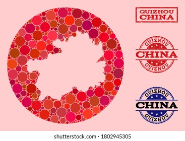 Vector map of Guizhou Province collage of round blots and red watermark stamp. Subtraction round map of Guizhou Province collage composed with circles in different sizes, and red color tones.