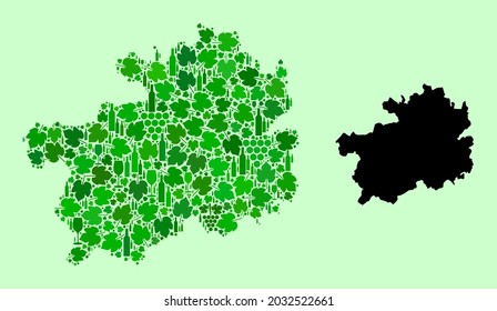 Vector Map of Guizhou Province. Collage of green grape leaves, wine bottles. Map of Guizhou Province mosaic designed from bottles, berries, green leaves.