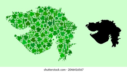 Mapa vectorial del estado de Gujarat. Mosaico de hojas verdes de uva, botellas de vino. Mapa del mosaico del estado de Gujarat creado a partir de botellas, uvas, hojas verdes.