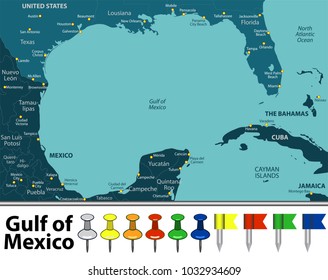 Vector map of Gulf of Mexico with countries, big cities and icons