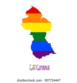 Vector map of Guyana in LGBT (lesbian, gay, bisexual, and transgender) flag colors and GAY Guyana caption on white background. Rainbow flag with denim textile texture.