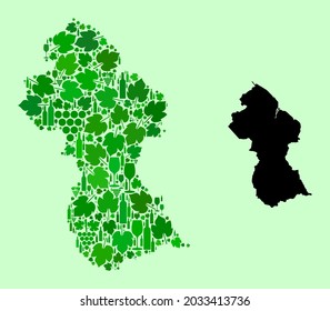 Vector Map of Guyana. Mosaic of green grapes, wine bottles. Map of Guyana collage designed with bottles, grapes, green leaves. Abstract collage is designed for marketing collages.