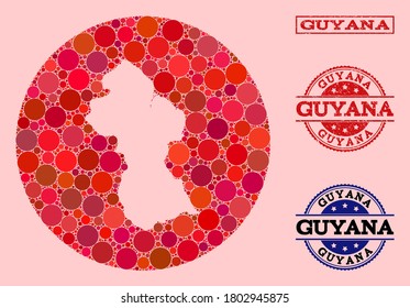 Vector map of Guyana mosaic of round items and red scratched seal stamp. Stencil circle map of Guyana collage formed with circles in various sizes, and red color hues.