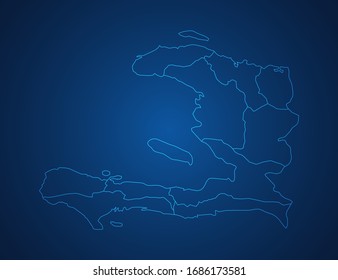 Vector map of Haiti abstract blue line scales on dark background.
