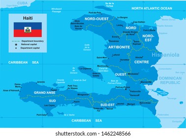 vector map of haiti with borders of regions and flag in blue tones with ocean