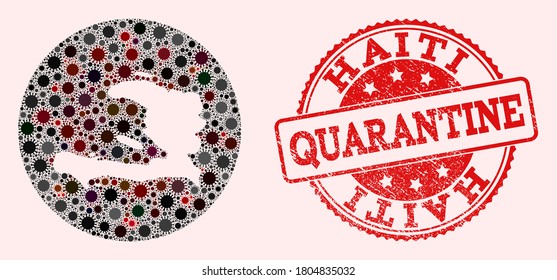 Vector map of Haiti collage of flu virus and red grunge quarantine seal. Infection cells attack the quarantine territory from out space.