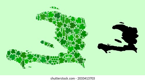 Vector Map of Haiti. Collage of green grapes, wine bottles. Map of Haiti mosaic designed with bottles, grapes, green leaves. Abstract mosaic designed for advertising collages.
