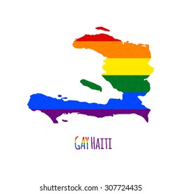 Vector map of Haiti in LGBT (lesbian, gay, bisexual, and transgender) flag colors and GAY Haiti caption on white background. Rainbow flag with denim textile texture.