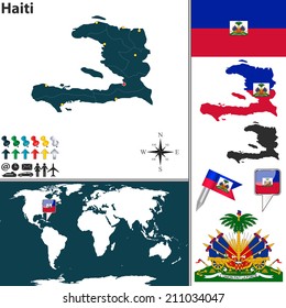 Vector map of Haiti with regions, coat of arms and location on world map