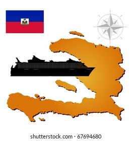Vector map of  Haiti with a silhouette of the ship and the flag