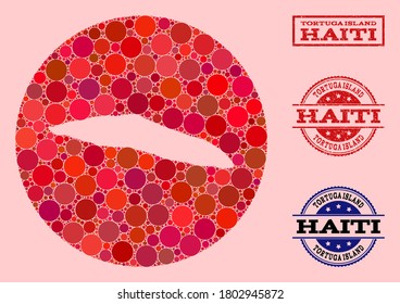 Vector map of Haiti Tortuga Island mosaic of spheric items and red watermark seal. Hole round map of Haiti Tortuga Island collage formed with circles in different sizes, and red color hues.