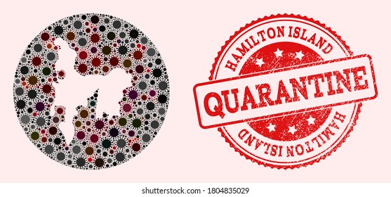 Vector map of Hamilton Island collage of covid-2019 virus and red grunge quarantine seal stamp. Infection cells around the isolated territory from outside.
