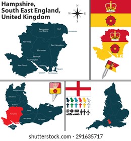 Vector map of Hampshire, South East England, United Kingdom with regions and flags