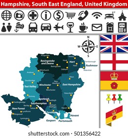 Vector map of Hampshire, South East England, United Kingdom with regions and flags