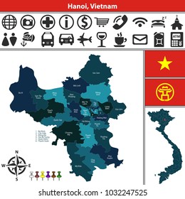 Vector map of Hanoi with named divisions and location on vietnamese map