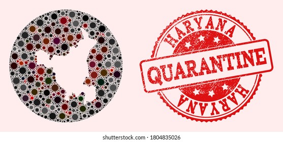 Vector map of Haryana State mosaic of covid-2019 virus and red grunge quarantine stamp. Infection cells around the quarantine territory from external zone.