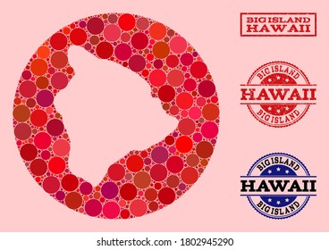Vector map of Hawaii Big Island collage of circle spots and red grunge stamp. Stencil circle map of Hawaii Big Island collage created with circles in different sizes, and red color tones.