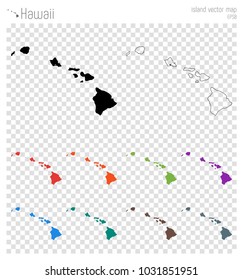 Vector map of Hawaii islands. Black outline. Multiple color options. Ideal for travel or design.