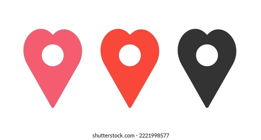 Vector Map heart pin location pointers, black red symbols set	
