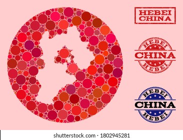 Vektorplan der Provinz Hebei Sammlungen von runden Gegenständen und roten Wasserzeichen Siegel Stempel. Subtraktionsrunde Karte der Hebei Provinz Collage erstellt mit Kreisen in variabler Größe und roten Farbtöne.