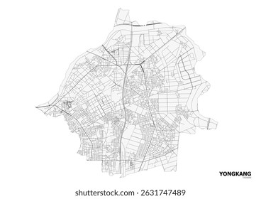 Mapa vetorial destacando a rede viária de Yongkang, Taiwan. Perfeito para planejamento de transporte, logística e projetos de desenvolvimento urbano.