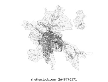 Vector map of Žilina highlighting highways and buildings. Displays urban road networks and structural layout.
