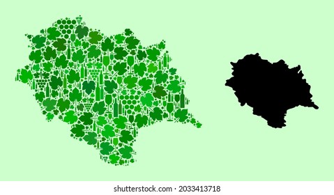 Vector Map of Himachal Pradesh State. Mosaic of green grape leaves, wine bottles. Map of Himachal Pradesh State collage composed with bottles, berries, green leaves.