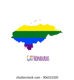 Vector map of Honduras in LGBT (lesbian, gay, bisexual, and transgender) flag colors and GAY Honduras caption on white background. Rainbow flag with denim textile texture.