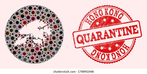Vector map of Hong Kong collage of flu virus and red grunge quarantine stamp. Infection cells attack the quarantine territory from external zone.