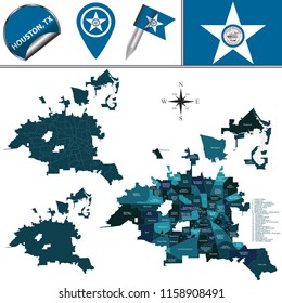 Vector map of Houston, Texas with named neighborhoods and travel icons