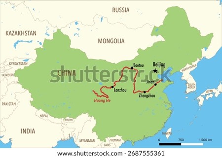 Vector Map of the Huang He River (Yellow River) Route with Major Cities and Delta in China