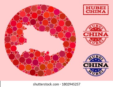 Vector map of Hubei Province collage of round spots and red grunge seal stamp. Stencil round map of Hubei Province collage formed with circles in different sizes, and red color hues.