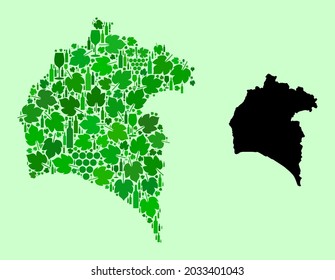 Vector Map of Huelva Province. Mosaic of green grapes, wine bottles. Map of Huelva Province collage designed from bottles, grapes, green leaves.