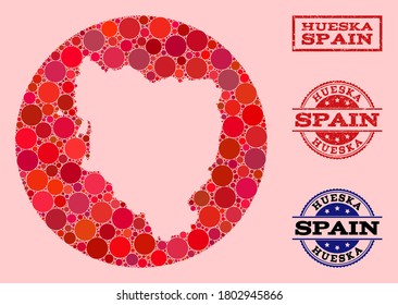 Vector map of Hueska Province collage of round blots and red grunge stamp. Hole round map of Hueska Province collage designed with circles in various sizes, and red color tints.