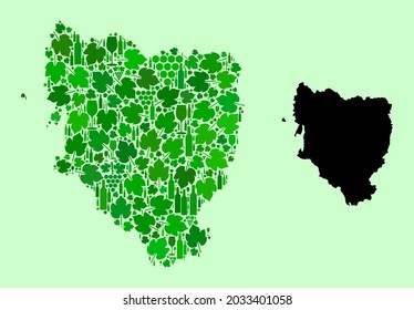Vector Map of Hueska Province. Mosaic of green grape leaves, wine bottles. Map of Hueska Province mosaic designed with bottles, grapes, green leaves. Abstract mosaic useful for marketing agitprop.