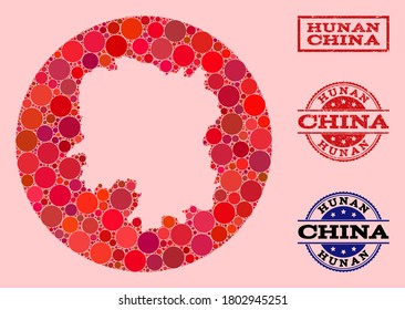 Vektorplan der Provinz Hunan Sammlungen von Kreissteinen und rot gekratzten Stempeln. Stencil-Round-Karte der Provinz Hunan Collage erstellt mit Kreise in verschiedenen Größen, und rote Farbtöne.