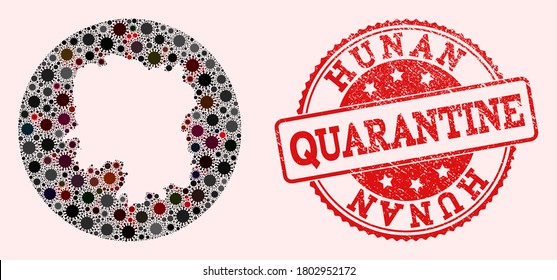 Vektorplan der Provinz Hunan mit Koronavirus- und Rot-Grunge-Quarantänestempel. Infektionszellen um das Sperrgebiet von außen.