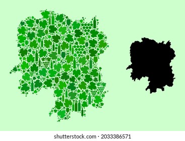 Vector Map of Hunan Province. Collage of green grape leaves, wine bottles. Map of Hunan Province mosaic composed from bottles, grapes, green leaves.