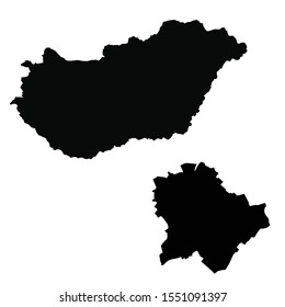 Vector map Hungary and Budapest. Country and capital. Isolated vector Illustration. Black on White background. EPS 10 Illustration.