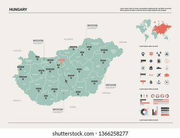 Vector map of Hungary.  High detailed country map with division, cities and capital Budapest. Political map,  world map, infographic elements.  